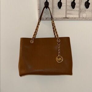 Michael Kors Cognac Leather Tote with Gold Chain Handles